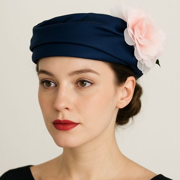 Vintage 1950s Navy Blue Hat Pink Flower Trim Size 22 1/2 Pillbox Fascinator main image 9